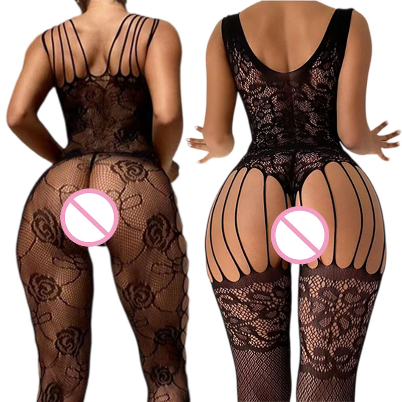 Bodystocking Fishnet - Black Crotchless Soft Stretch Body Stockings
