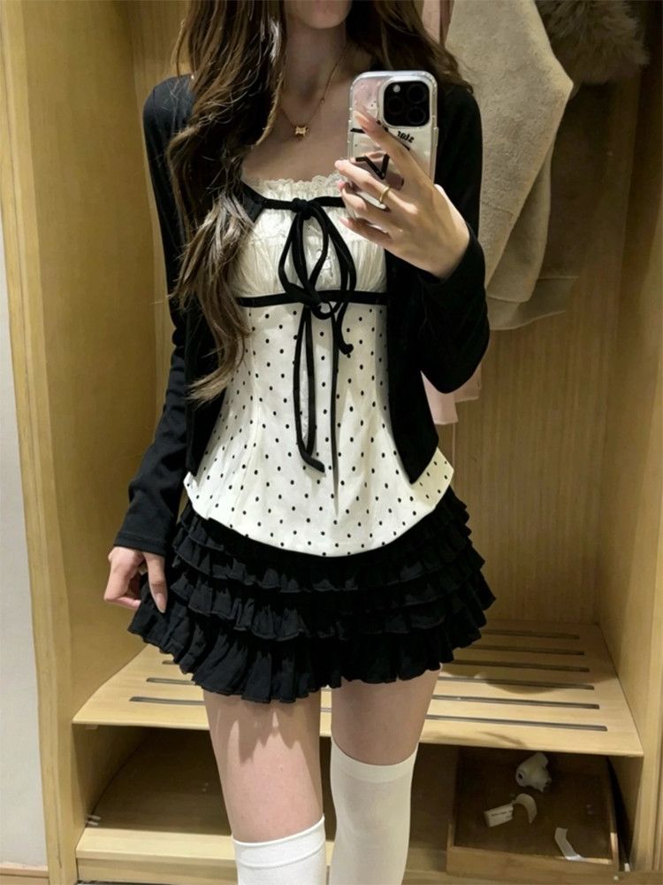 Cami Top Lace - Korean Fashion Polka Dots Lace Bow