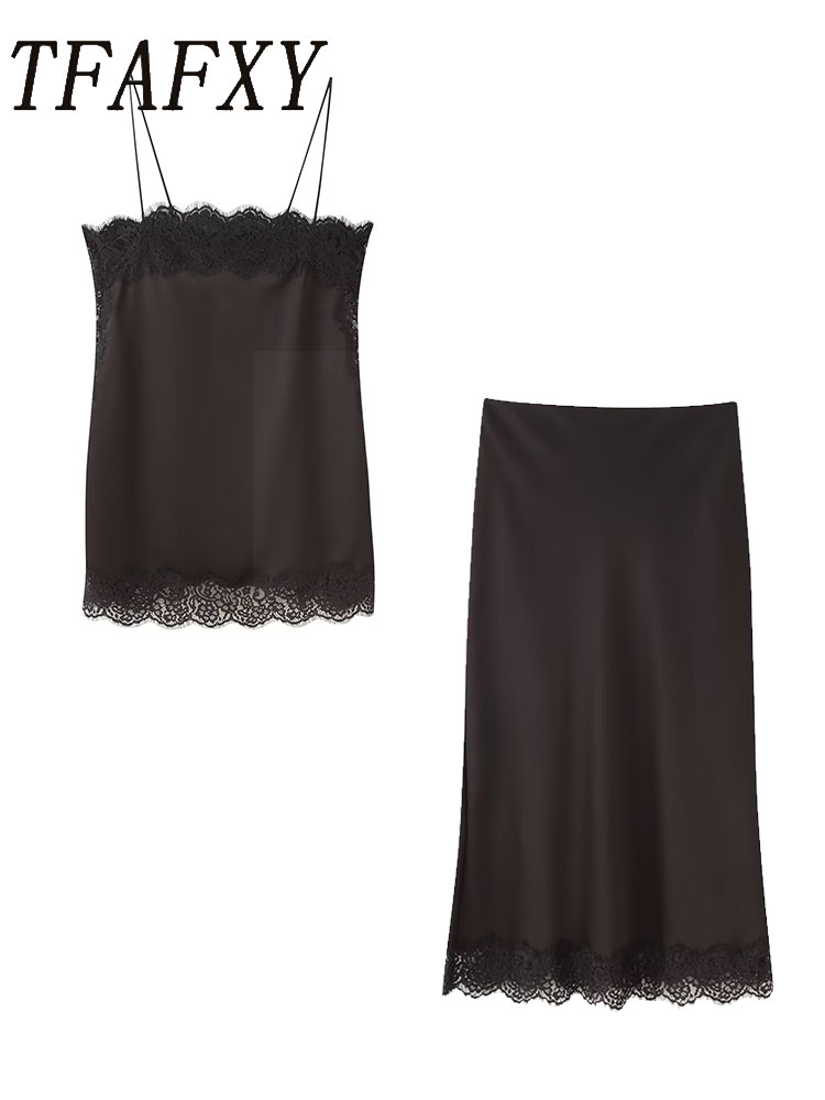 Cami Top Lace - TFAFXY Vintage Casual Women Brown Solid