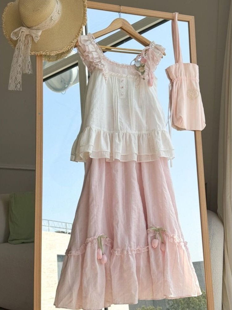 Cami Top Lace - Sweet Kawaii Ruffle Trim Tulip Decor
