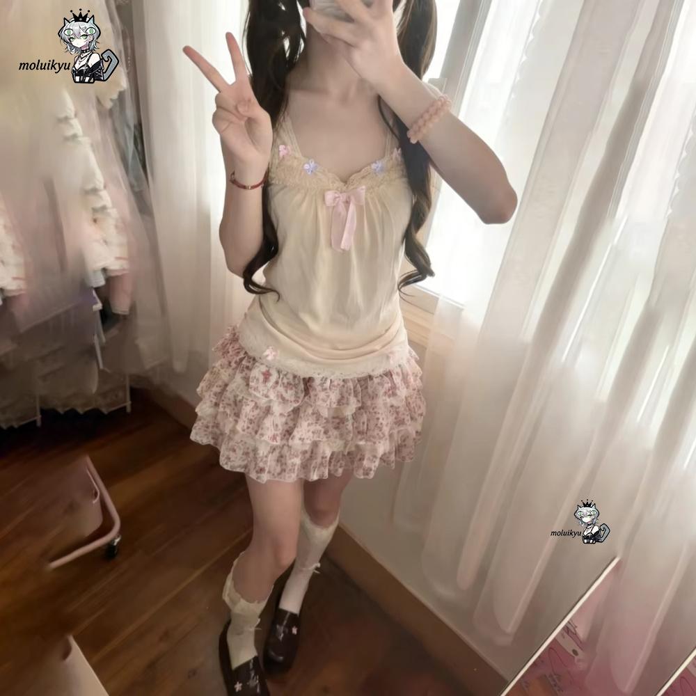 Women Y2K 2Pcs Outfit Set Lace - Cami Top Lace ulasan dan harga