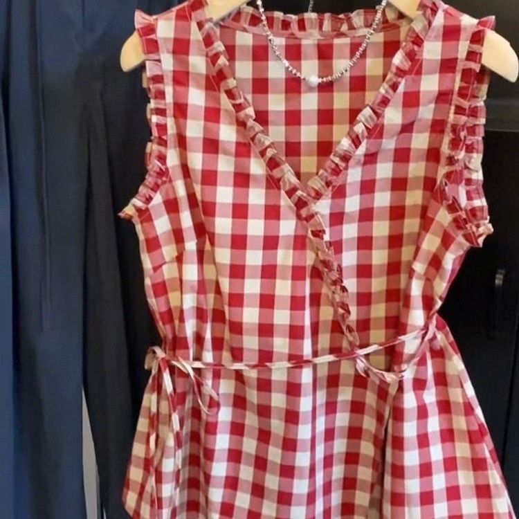 Retro Red Plaid Sleeveless Ves - Corset Waist Cinch ulasan dan harga