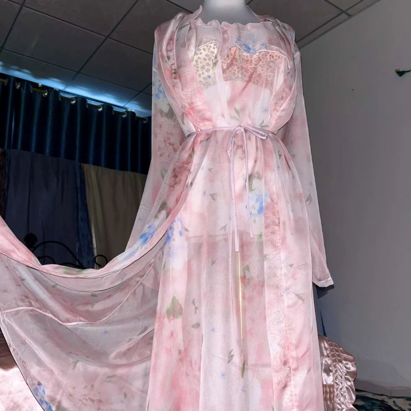 Pink Silk Printed See Through  - Robe Silk Women ulasan dan harga