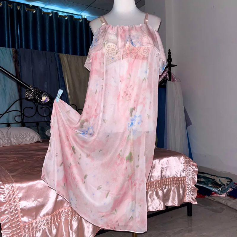 Pink Silk Printed See Through  - Robe Silk Women ulasan dan harga